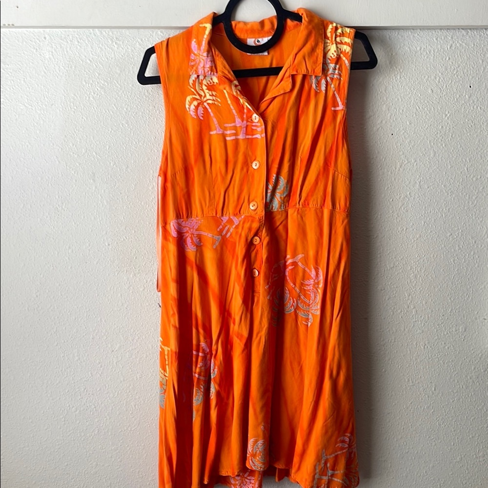 Vintage Mango Moon bright orange sleeveless button front mini flare dress